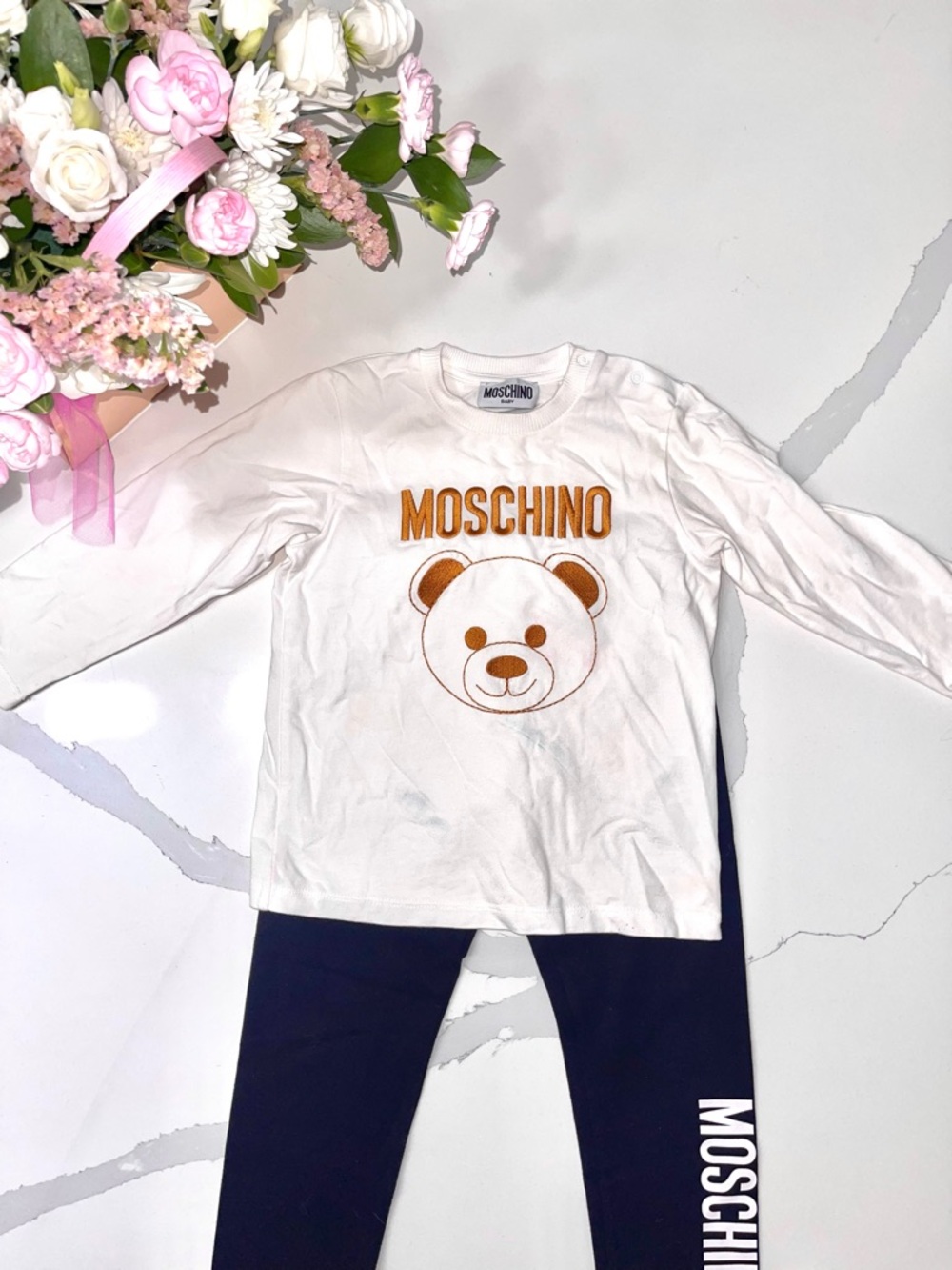 Moschino White Long Sleeve Top with Tan Bear Logo